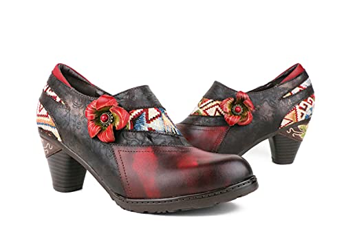 CrazycatZ Damen Leder Schuhe mit Absatz Blumen Patchwork Vintage Bunte Schuhe Pumps (Rot, Numeric_40) von CrazycatZ