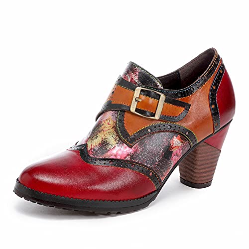 CrazycatZ Damen Leder Schuhe mit Absatz Patchwork Bohemian Vintage Bunte Schuhe Pumps (Rot, Numeric_40) von CrazycatZ