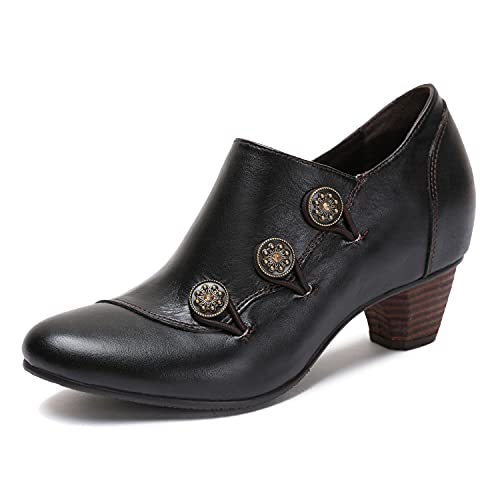 CrazycatZ Damen Leder Schuhe mit Absatz Patchwork Vintage Bunte Schuhe (Black, Numeric_40) von CrazycatZ
