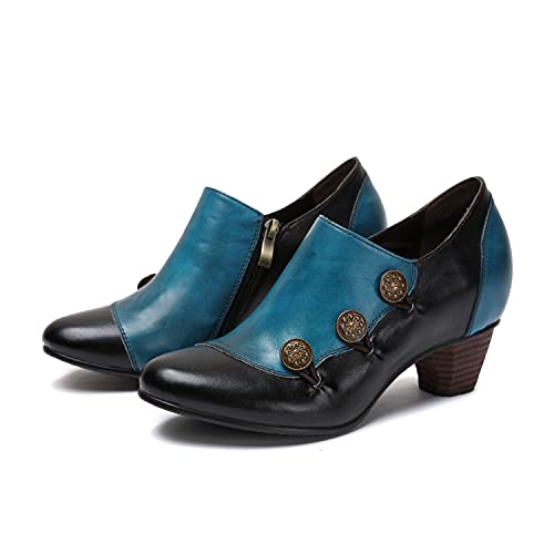 CrazycatZ Damen Leder Schuhe mit Absatz Patchwork Vintage Bunte Schuhe (Green, Numeric_42) von CrazycatZ