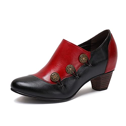 CrazycatZ Damen Leder Schuhe mit Absatz Patchwork Vintage Bunte Schuhe (Red, Numeric_41) von CrazycatZ