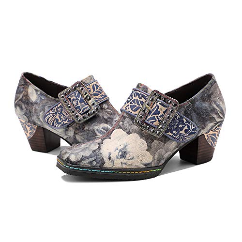 CrazycatZ Damen Leder Schuhe mit Absatz Patchwork Vintage Bunte Schuhe Pumps (Grey, Numeric_41) von CrazycatZ