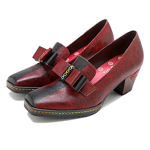 CrazycatZ Damen Leder Schuhe mit Absatz Patchwork Vintage Bunte Schuhe Pumps (Red Wine, Numeric_40) von CrazycatZ