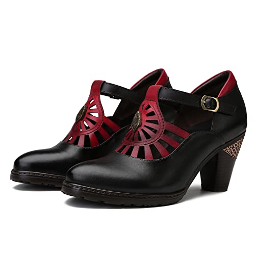 CrazycatZ Damen Leder Schuhe mit Absatz Vintage Bunte Mary Jane Schuhe Pumps aus Leder (Black, Numeric_39) von CrazycatZ