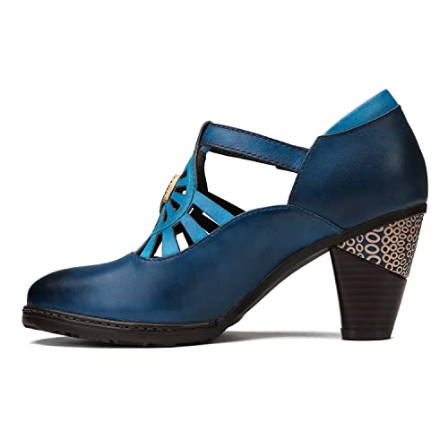 CrazycatZ Damen Leder Schuhe mit Absatz Vintage Bunte Mary Jane Schuhe Pumps aus Leder (Blue, Numeric_37) von CrazycatZ