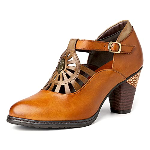 CrazycatZ Damen Leder Schuhe mit Absatz Vintage Bunte Mary Jane Schuhe Pumps aus Leder (Brown, Numeric_38) von CrazycatZ