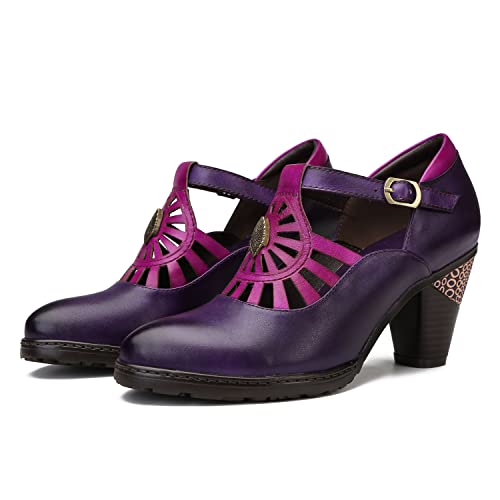 CrazycatZ Damen Leder Schuhe mit Absatz Vintage Bunte Mary Jane Schuhe Pumps aus Leder (Purple, Numeric_39) von CrazycatZ