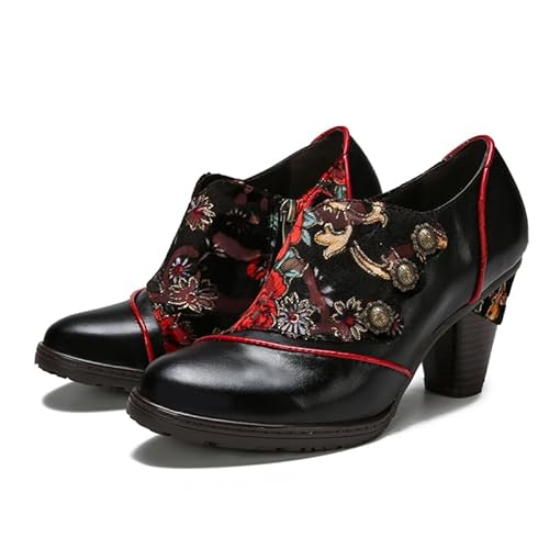 CrazycatZ Damen Leder Schuhe mit Absatz Vintage Bunte Schuhe Pumps Floral Oxford Bunte (Black, eu_Footwear_Size_System, Adult, Women, Numeric, medium, Numeric_41) von CrazycatZ