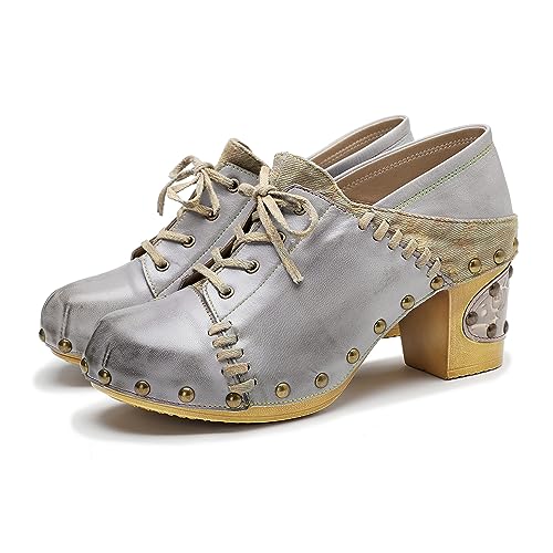 CrazycatZ Damen Leder Schuhe mit Absatz Vintage Bunte Schuhe Pumps Floral Oxford Bunte (Grey, 37) von CrazycatZ