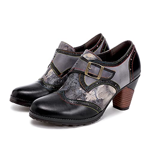 CrazycatZ Damen Leder Schuhe mit Absatz Vintage Bunte Schuhe Pumps Patchwork (Black, Numeric_39) von CrazycatZ