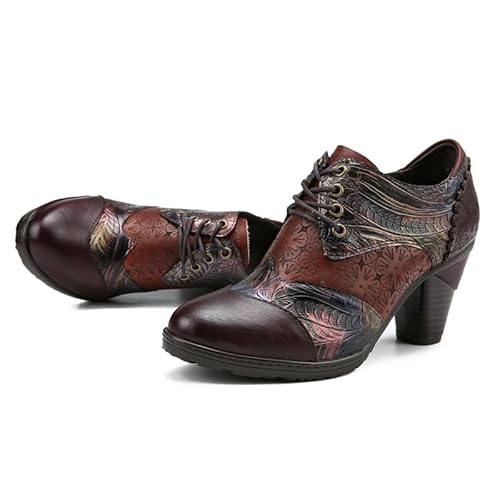 CrazycatZ Damen Leder Schuhe mit Absatz Vintage Bunte Schuhe Pumps Patchwork (Brown, Erwachsene, Damen, 41, Numerisch, EU Schuhgrößensystem, M) von CrazycatZ