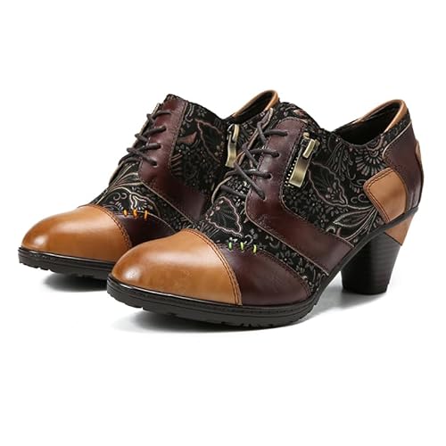 CrazycatZ Damen Leder Schuhe mit Absatz Vintage Bunte Schuhe Pumps Patchwork (Brown B, Erwachsene, Damen, 38, Numerisch, EU Schuhgrößensystem, M) von CrazycatZ