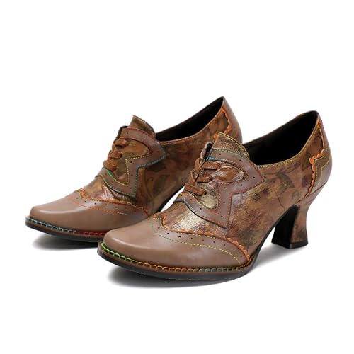 CrazycatZ Damen Leder Schuhe mit Absatz Vintage Bunte Schuhe Pumps Patchwork (Brown C, Erwachsene, Damen, 37, Numerisch, EU Schuhgrößensystem, M) von CrazycatZ