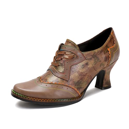 CrazycatZ Damen Leder Schuhe mit Absatz Vintage Bunte Schuhe Pumps Patchwork (Brown C, Erwachsene, Damen, 38, Numerisch, EU Schuhgrößensystem, M) von CrazycatZ