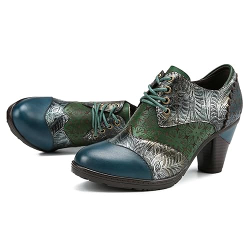 CrazycatZ Damen Leder Schuhe mit Absatz Vintage Bunte Schuhe Pumps Patchwork (Dark Green, Erwachsene, Damen, 40, Numerisch, EU Schuhgrößensystem, M) von CrazycatZ