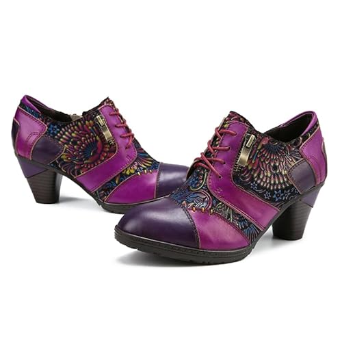CrazycatZ Damen Leder Schuhe mit Absatz Vintage Bunte Schuhe Pumps Patchwork (Hot Pink B, Erwachsene, Damen, 37, Numerisch, EU Schuhgrößensystem, M) von CrazycatZ