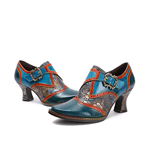 CrazycatZ Damen Leder Schuhe mit Absatz Vintage Bunte Schuhe Pumps Patchwork (Multi, Numeric_37) von CrazycatZ