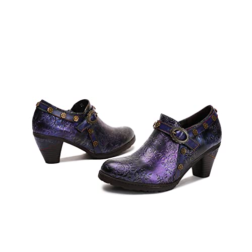 CrazycatZ Damen Leder Schuhe mit Absatz Vintage Bunte Schuhe Pumps aus Leder (Purple, Numeric_38) von CrazycatZ