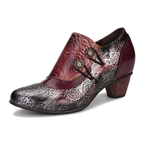 CrazycatZ Damen Leder Schuhe mit Absatz Vintage Bunte Schuhe Pumps aus Leder Buttoned Pumps (Dark Red, Numeric_41) von CrazycatZ