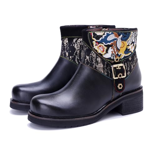 CrazycatZ Damen Leder Stiefel Bohemian Lederstiefel Biker Boots, Bunte Stiefel (Black, Erwachsene, Damen, 42, Numerisch, EU Schuhgrößensystem, M) von CrazycatZ