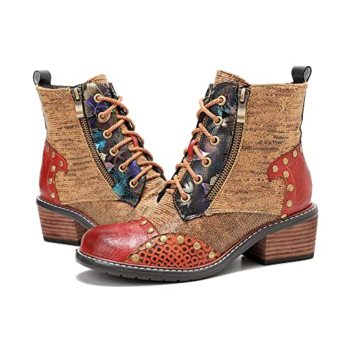 CrazycatZ Damen Leder Stiefel Bohemian Lederstiefel Biker Boots, Bunte Stiefel (Brown, eu_footwear_size_system, adult, women, numeric, medium, numeric_39) von CrazycatZ
