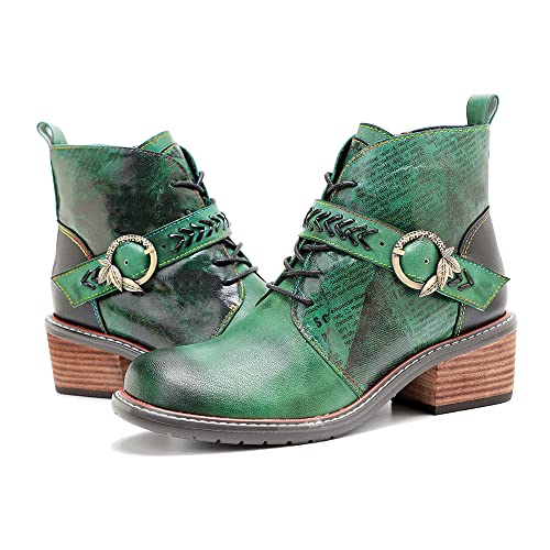 CrazycatZ Damen Leder Stiefel Bohemian Lederstiefel Biker Boots, Bunte Stiefel (Green, eu_footwear_size_system, adult, women, numeric, medium, numeric_39) von CrazycatZ