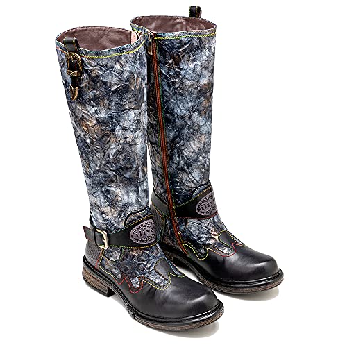 CrazycatZ Damen Leder Stiefel mit Absatz Bunt Druck Chic Stiefel Bequeme Stiefel Langschaft Patchwork stiefel (Black B, numeric_42) von CrazycatZ