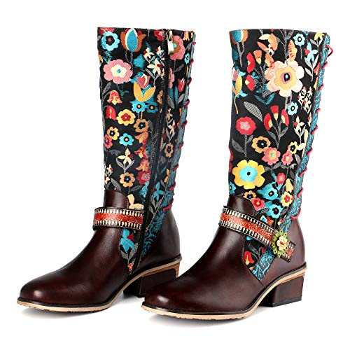 CrazycatZ Damen Leder Stiefel mit Absatz Bunt Stiefellange Reißverschluss Langschaft Patchworkstiefel (Floral, numeric_40) von CrazycatZ