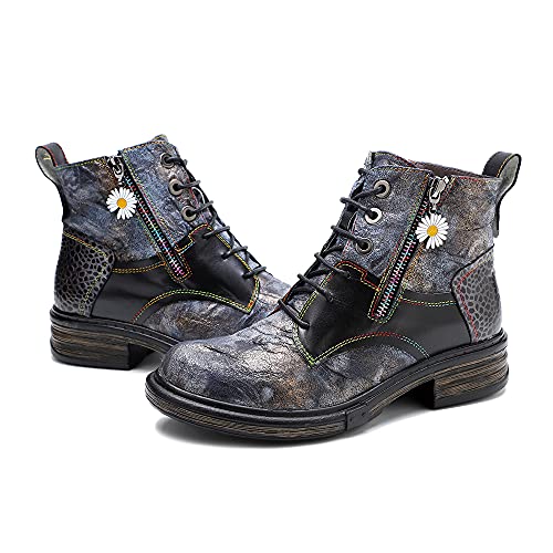 CrazycatZ Damen Leder Stiefeletten,Leder Chelsea Kurze Stiefel Bunte Patchwork Sporty Stiefeletten (Black, numeric_40) von CrazycatZ