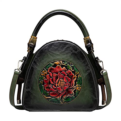 CrazycatZ Damen Lederhandtaschen Organizer Top Handle Satchel Vintage Prägung Tote Umhängetasche (Green) von CrazycatZ