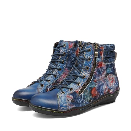 CrazycatZ Damen Lederstiefel mit Nähten Bunte Stiefel Floral Ankle Boots (19-Blue, Erwachsene, Damen, 42, Numerisch, EU Schuhgrößensystem, M) von CrazycatZ