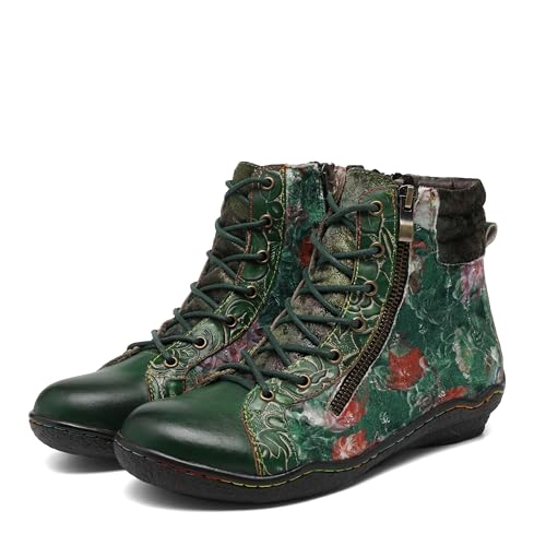 CrazycatZ Damen Lederstiefel mit Nähten Bunte Stiefel Floral Ankle Boots (19-Green, Erwachsene, Damen, 41, Numerisch, EU Schuhgrößensystem, M) von CrazycatZ
