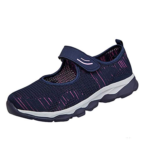 CrazycatZ Damen Mary Jane Halbschuhe Outdoor Fitnessschuhe Atmungsaktive Mesh Schuhe Sport Slipper mit Klettverschluss (Navy, Numeric_42) von CrazycatZ