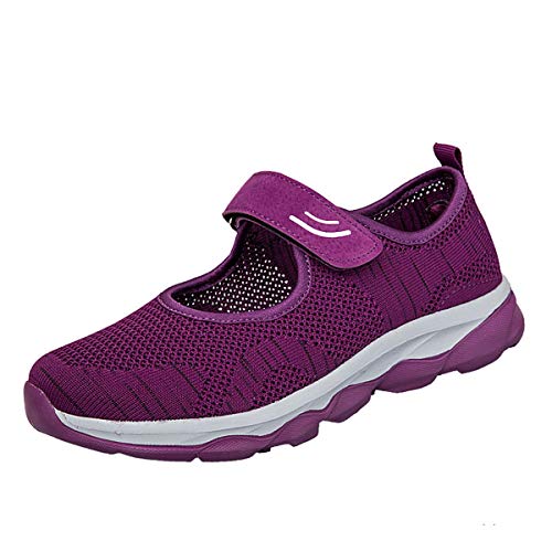CrazycatZ Damen Mary Jane Halbschuhe Outdoor Fitnessschuhe Atmungsaktive Mesh Schuhe Sport Slipper mit Klettverschluss (Purple, Numeric_39) von CrazycatZ
