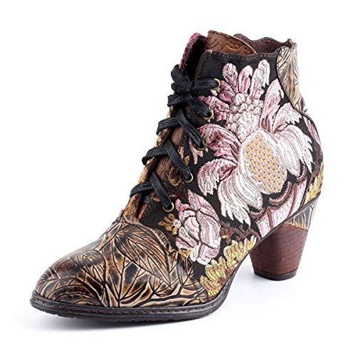 CrazycatZ Damen Mid Calf Stiefeletten mit Absatz Leder Chelsea Kurze Stiefel Handgefertigte Gestickt Bunte Patchwork Gestickte Blumen Vintage Stiefeletten (Floral, 38) von CrazycatZ