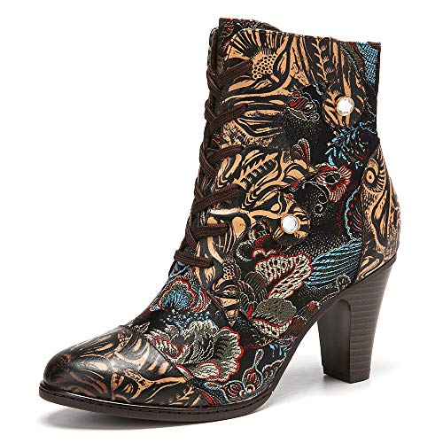 CrazycatZ Damen Mid Calf Stiefeletten mit Absatz Leder Chelsea Kurze Stiefel Handgefertigte Gestickt Bunte Patchwork Gestickte Blumen Vintage Stiefeletten (Schwarz, Numeric_40) von CrazycatZ