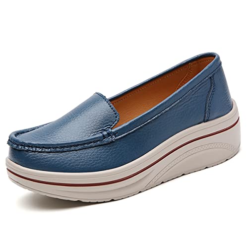 CrazycatZ Damen PU Leder Schuhe mit Keilabsatz Loafers Komfort Wildleder Mokassins Schuhe (Blue, eu_Footwear_Size_System, Adult, Women, Numeric, medium, Numeric_39) von CrazycatZ