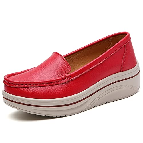 CrazycatZ Damen PU Leder Schuhe mit Keilabsatz Loafers Komfort Wildleder Mokassins Schuhe (Red, eu_Footwear_Size_System, Adult, Women, Numeric, medium, Numeric_37) von CrazycatZ