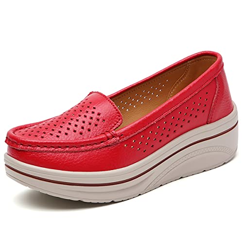 CrazycatZ Damen PU Leder Schuhe mit Keilabsatz Loafers Komfort Wildleder Mokassins Schuhe (Red B, eu_Footwear_Size_System, Adult, Women, Numeric, medium, Numeric_38) von CrazycatZ