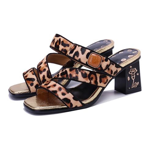 CrazycatZ Damen Sandalen mit Blockabsatz, Handbemalte Blumenmuster, Verstellbare Riemen, Lila (Leopard, Erwachsene, Damen, 37, Numerisch, EU Schuhgrößensystem, M) von CrazycatZ