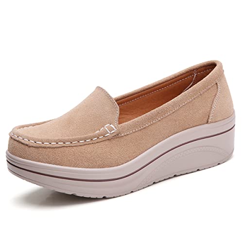 CrazycatZ Damen Schuhe mit Keilabsatz Loafers Komfort Wildleder Mokassins Schuhe (Beige, eu_Footwear_Size_System, Adult, Women, Numeric, medium, Numeric_39) von CrazycatZ