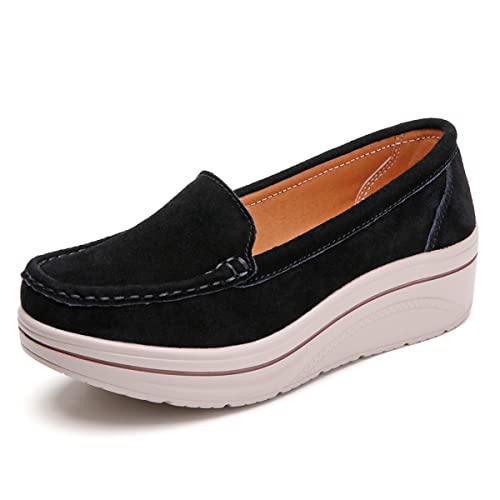 CrazycatZ Damen Schuhe mit Keilabsatz Loafers Komfort Wildleder Mokassins Schuhe (Black, eu_Footwear_Size_System, Adult, Women, Numeric, medium, Numeric_38) von CrazycatZ