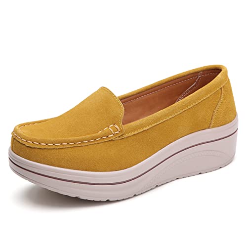 CrazycatZ Damen Schuhe mit Keilabsatz Loafers Komfort Wildleder Mokassins Schuhe (Yellow, eu_Footwear_Size_System, Adult, Women, Numeric, medium, Numeric_39) von CrazycatZ