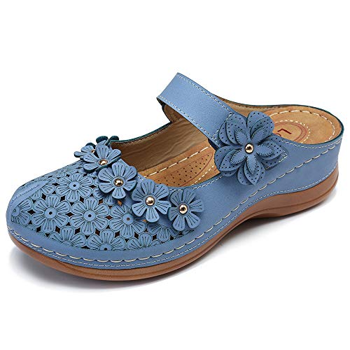 CrazycatZ Damen Slip-Ons Bunte Blumen Sandalen Plateausandalen Floral Sandalen Bohemian (Blue, Numeric_40) von CrazycatZ