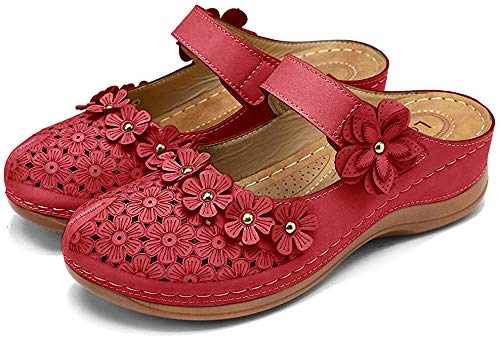 CrazycatZ Damen Slip-Ons Bunte Blumen Sandalen Plateausandalen Floral Sandalen Bohemian (Red, numeric_39) von CrazycatZ