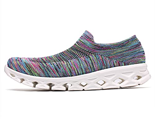 CrazycatZ Damen Sneaker Leichteshuhe Mesh Atmungsaktiv Slip On Walkingschuhe Sportshuhe Freizeit Laufschuhe (Multi-Green, Numeric_37) von CrazycatZ