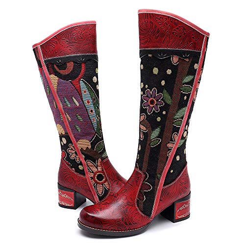 CrazycatZ Damen Stiefel Hoch Leder Stiefel mit Absatz Bunt Druck Chic Stiefel Bequeme Outdoor Knee Stiefel Flache Reißverschluss Langschaft Patchworkstiefel (39 EU, ROT B) von CrazycatZ