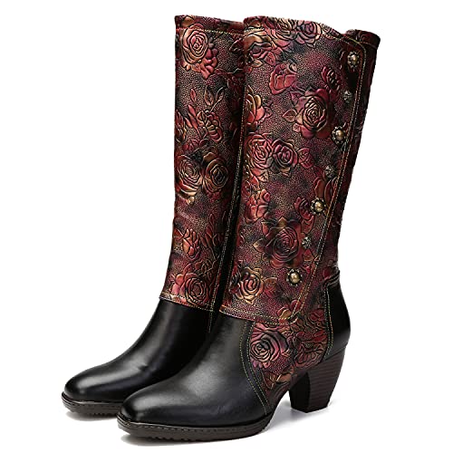 CrazycatZ Damen Stiefel Hoch Leder Stiefel mit Absatz Bunt Stiefellange Stiefel Reißverschluss Langschaft Long Boots (Black, numeric_39) von CrazycatZ