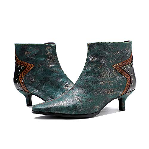 CrazycatZ Damen Stiefeletten Kitten-Absatz Stiefel Bunte Patchwork Blumen Stiefeletten (Green, 39) von CrazycatZ