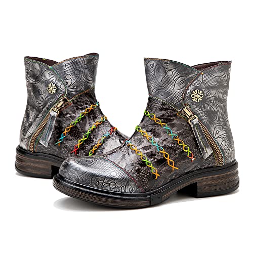 CrazycatZ Damen Stiefeletten Kurze Chelsea-Stiefel Lederstiefeletten Vintage Stiefele (Black, numeric_39) von CrazycatZ